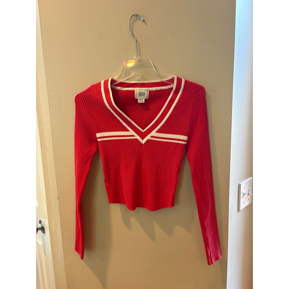 NWOT BDG Urban Outfitters Red Ribbed V-Neck Varsity Stripe Long Sleeve Sweater M